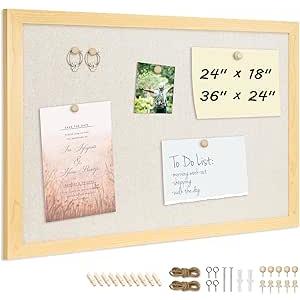 DOLLAR BOSS Bulletin Board with Linen 36'' x 24'' Wood Framed Cork Boards for Walls, Photo Display Pin Board, Decorative Corkboard for Office Home School Dorm Decor with 10 Pushpins, Natural Wood