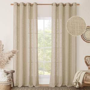 LAMIT 102 Inch Length Light Filtering Sheer Linen Curtains, Linen Textured Semi Sheer Bronze Grommet Natural Boho Drapes for Living Room/Farmhouse, 2 Panels, Brown, 52 x 102 Inch