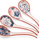 WHJY Asian Soup Spoon, Ceramic Ramen Spoon, Ramen Soup Spoon, Chinese Ceramic Spoons, Miso Soup Spoons Dumpling - Set of 4 Flora