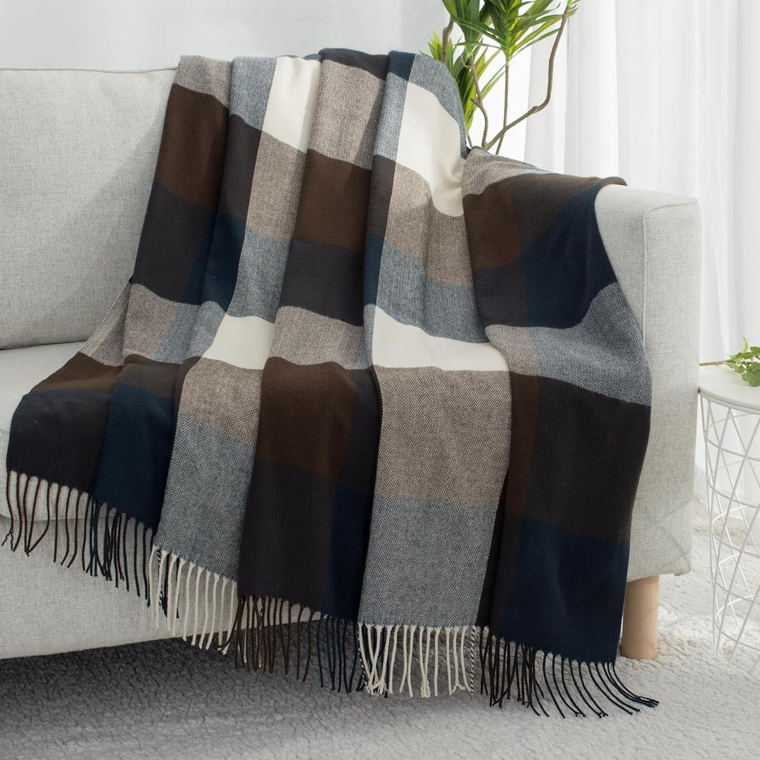 Buffalo Plaid Throw Blanket for Couch with Tassels,50"X60" Soft Lightweight Knitted Boho Decorative Blankets for Bed and Sofa Navy Blue/Brown