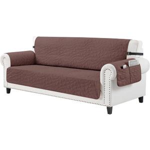 CUCRAF Non Slip Quilted Sofa Cover, Water Resistant Slipcover Furniture Protector for 3 Cushion Sofa Pet Friendly, Washable Couch Cover with Adjustable Elastic Straps (X-Large, Coffee)