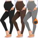 GROTEEN 3 Pack Women's Maternity Leggings with Pockets Over The Belly Workout Yoga Pregnancy Pants (Large, 01c-black/Coffee/Dark Gray-fleece Lined)