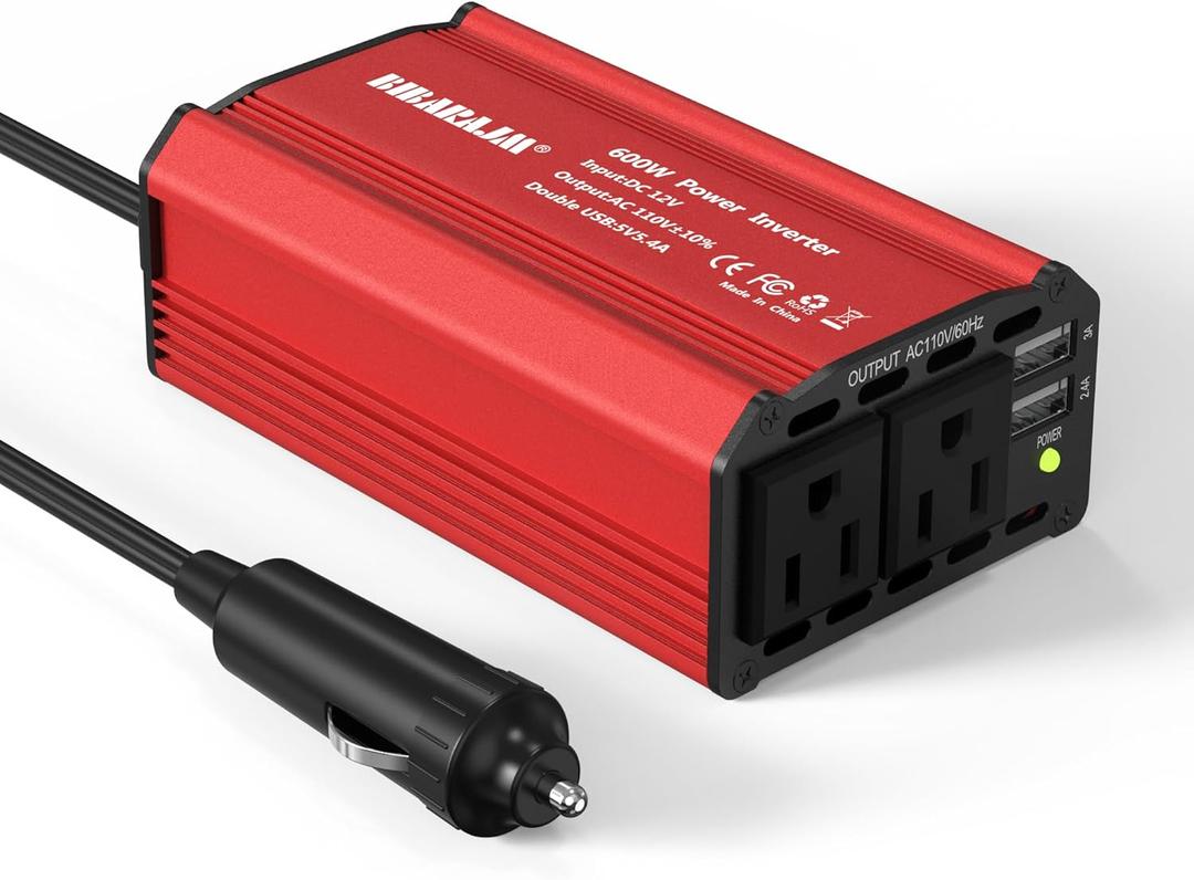 600W Car Voltage Converter Inverter DC 12V to AC 110V Ports Fast Charging Car Charger with Cigarette Lighter Plug with 2 Sockets and 2 USB for Business Trips and Vacation (red)