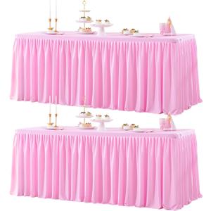 2 Packs Pink Polyester Table Clothes for 6 Foot Rectangle Tables, Wrinkle Free Fitted Table Cover 6ft Stretch Tablecloths with Skirt for Parties Weddings Birthday Banquet Baby Shower