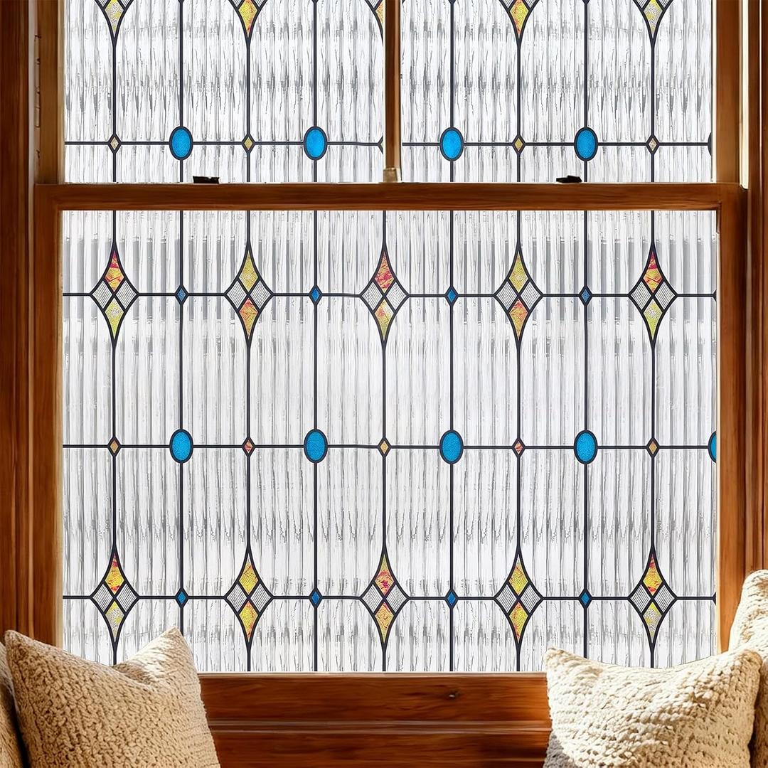 ADD.HERES Window Privacy Film, Stained Glass Decorative Static Cling, Removable Laser Sun Blocking Vinyl Covering, Window Film for Home Kitchen Living Room, Starburst, 26.3" x 78.7", 23.6" x 78.7"