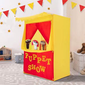 Alvantor® Lemonade Stand Puppet Show Theater Pretend Playhouse Play Tent Kids on Stage Doorway Table Top Sets for Toddlers Curtain Foldable Rods Children Dramatic Furniture, 28"X20"X41"H, Yellow