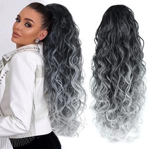 Ombre Gray Ponytail hairpiece for black women Drawstring Long Curly Pony Tail Hair Extainson Fake Ponytail Extensions Gray Drawstring Ponytail for Black Women(Sliver Gray mix 6 OZ)
