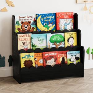 SpaceAid 3-Tier Scalloped Bookshelf, Montessori Bookcase for Toddlers, Wooden Book Shelf Organizer Display Furniture for Kids Rooms, Playroom, Nursery and Classroom, Black, 3 Tier, 29.6" W