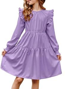 DOKOTOO KIDS Girls Dresses Cute Little Girl Fall Smocked Flowy Dress Spring Ruffle Puff Long Sleeve A-Line Semi-Formal Dress Trendy Boho Vestidos Niñas Dance Wedding Party Purple 6-7 Years