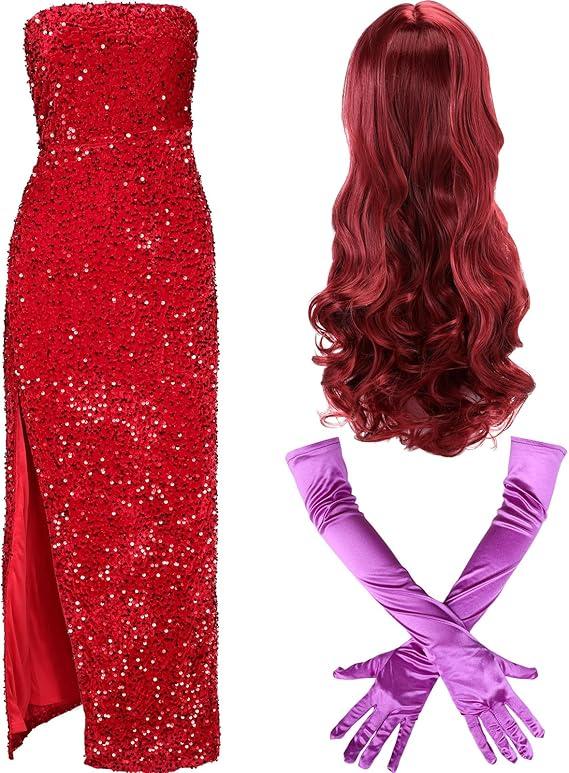 3 Pcs Halloween Rabbit Women's Costume Include Red Wig Purple Long Gloves for Women Dress Costume Cosplay Party
 L