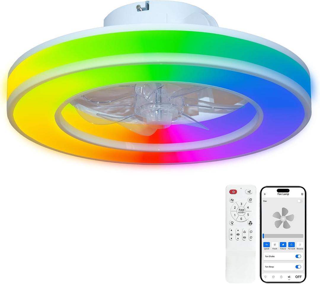 16 Inch Modern Low Profile Ceiling Fan with Lights, RGB Color Changing 2900K-6500K Dimmable LED, Remote & APP Control Small Flush Mount Ceiling Fan Light for Living Room Bedroom, 16inch-rgbcw