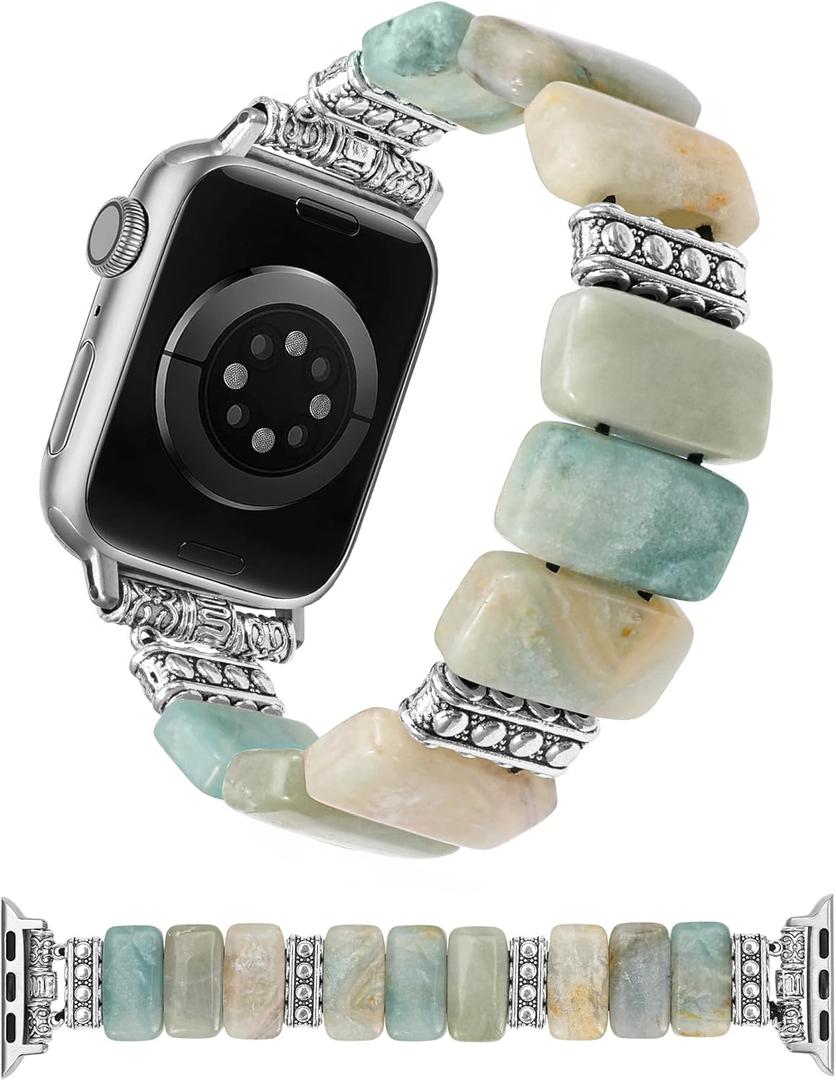 Moolia Natural Stone Bracelet Compatible with Apple Watch Band 41/40/38/42/44/45/46/49mm Women, Handmade Elastic Beaded Western Strap for iWatch Series 11 10 9 8 7 6 5 4 3 2 1 SE & Ultra1/2/3