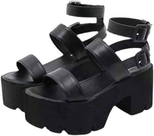 Agodor Women's Goth Black Platform Sandals Ankle Strap Chunky High Heels Open Toe Slingback Roman Gladiator Shoes 43