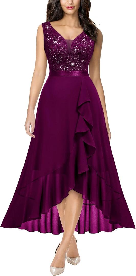Miusol Women's Vintage V-Neck Sleeveless Sequined Floral Lace Ruffle Split Evening Party Dress (XX-Large, B-maroon)