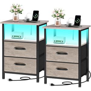 Vagusicc Night Stand Set 2, LED Nightstand with Charging Station, Bedside Table with USB Ports & Outlets, 24.2" Tall End Table with open Shelf, Bed Side Table with 2 Fabric Drawers for Bedroom, Greige