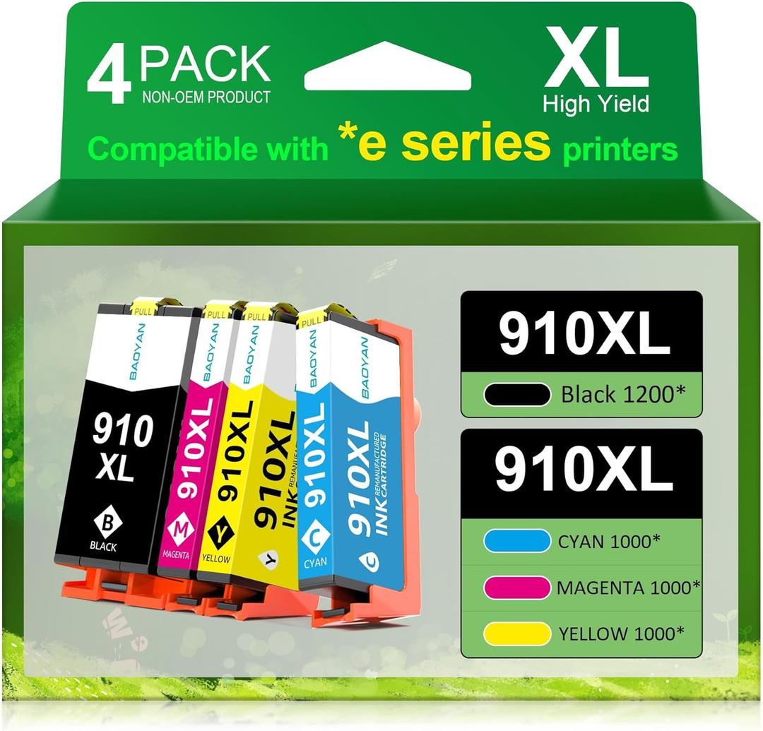 910XL Ink Cartridges Replacement for HP 910xl Ink Cartridges Combo Pack with OfficeJet Pro 8025e 8015e 8028e 8035e 8025 8035 8020 Printer (Black, Cyan, Magenta, Yellow)