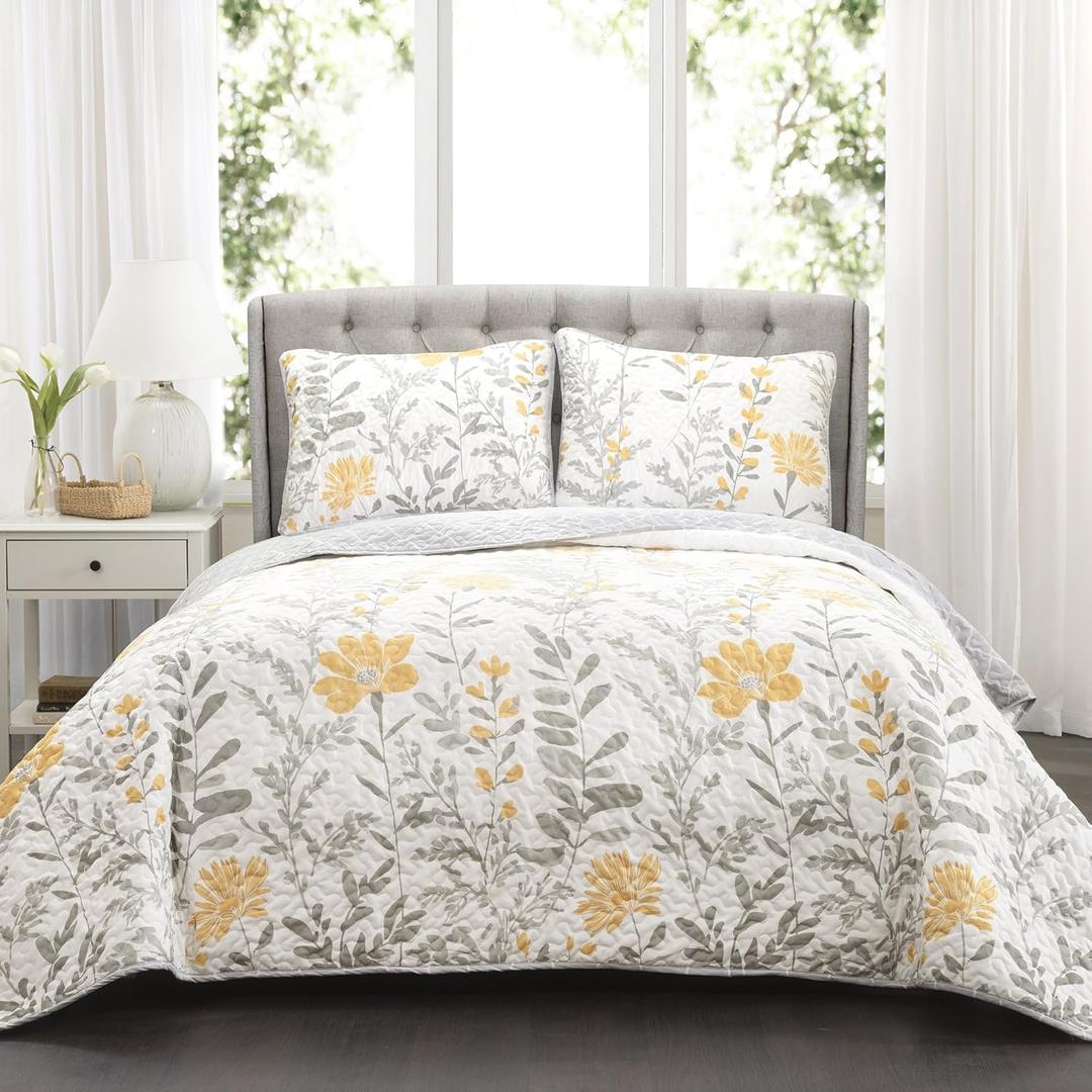 Lush Decor Aprile Reversible Floral Quilt King Size 3 Piece Set King, Yellow & Gray - Bedding Set - Floral Quilt - Cottage Bedroom Dcor