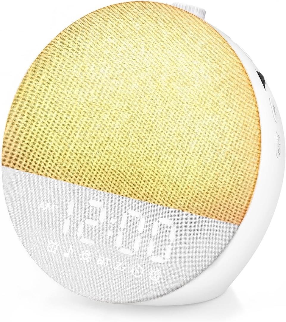 Geuuap Sunrise Alarm Clock White Noise Machine | Natural Wake-Up Light for Bedroom with 30 Soothing Sleep Aids, Bluetooth Speaker, Dimmable Clock, Screen-Free Design for Baby Adults Kids-White