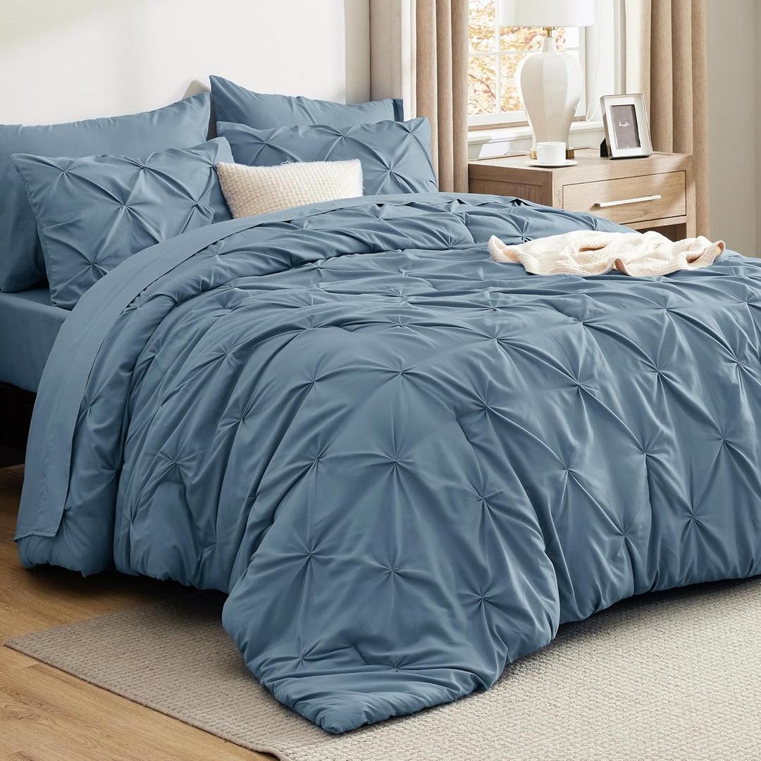 Bedsure King Size Comforter Set Mineral Blue - Bed in a Bag Bedding Set 7 Pieces, GentleSoft Pintuck Bed Set Gift for Family, Pinch Pleat Mineral Blue Comforter with Sheets, Pillowcases & Shams