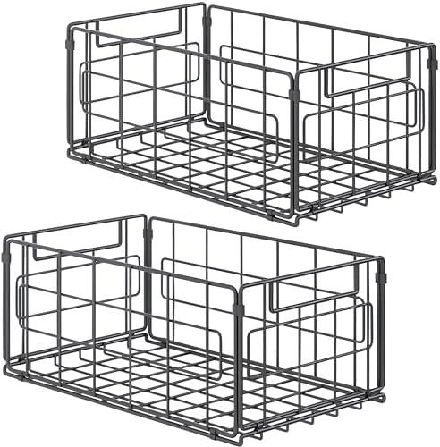 JMYDecor 2 Pack Wire Baskets for Pantry Kitchen Organization,13.8inch Large Foldable Snack Storage Organizer Cabinets Freezer, Office,Bathroom,Closets Metal Basket Bin with Handle, 35x21.5x16 cm