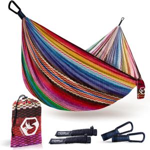 Foxelli Camping Hammock - Lightweight Portable Hammock, Easy Setup with Tree-Friendly Ropes & Steel Carabiners, Heavy Duty Parachute Nylon for Indoors and Outdoors (Indian_summer)