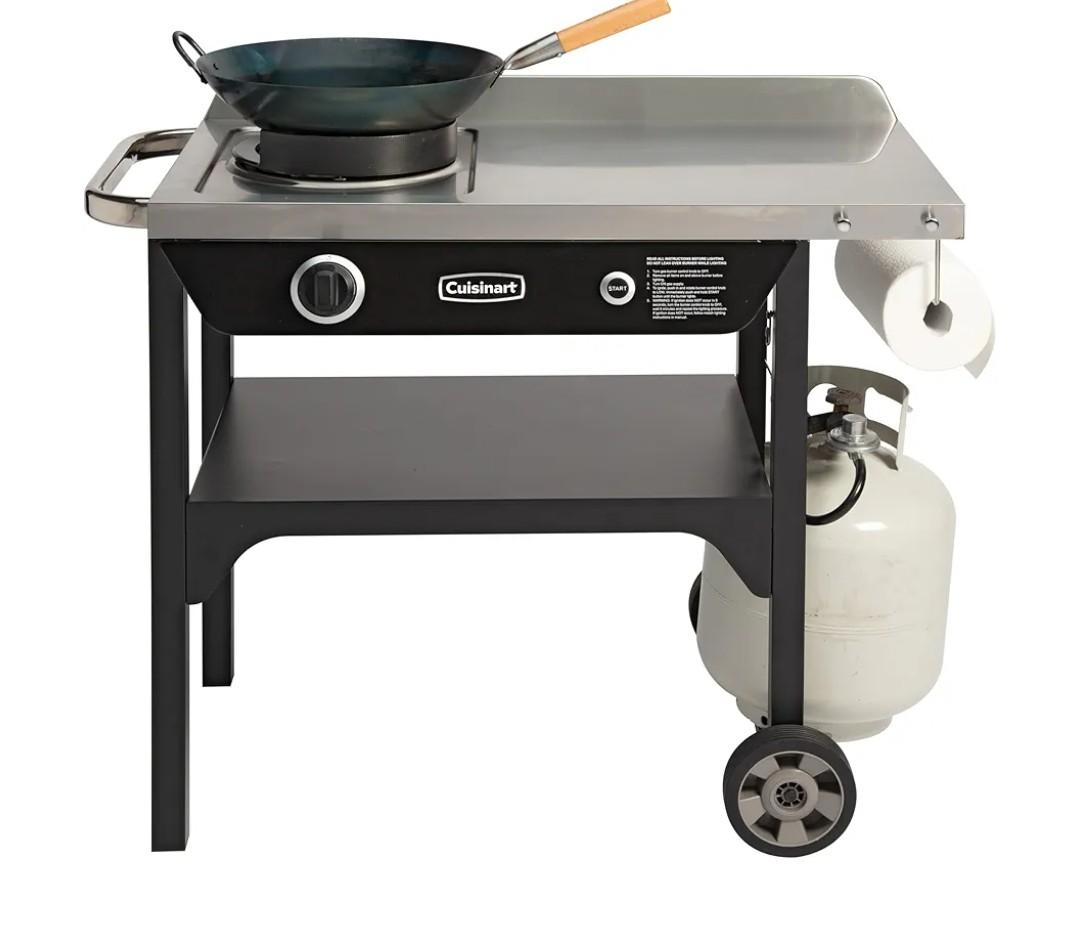 Cuisinart Outdoor Wok Station, 50,000 BTU Propane Outdoor Wok Burner with Prep Table, 14" Carbon Steel Fry Pan, Stainless Steel Side Table, Storage, Outdoor Cooking Station for Stir Fry, Searing, BBQ