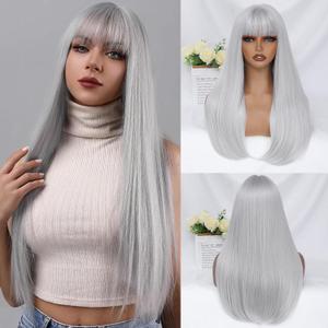 Gray White Wig with Bangs for Women 24 Inch Long Straight silver Wigs Synthetic Heat Resistant Wig for Daily Party Use