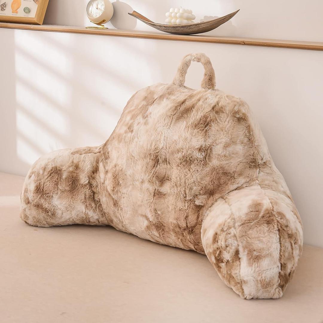 A Nice Night Faux Fur Reading Pillow Bed Wedge Large Adult Children Backrest with Arms Back Support for Sitting Up in Bed/Couch for Bedrest, Tie Dyed Khaki, Standard