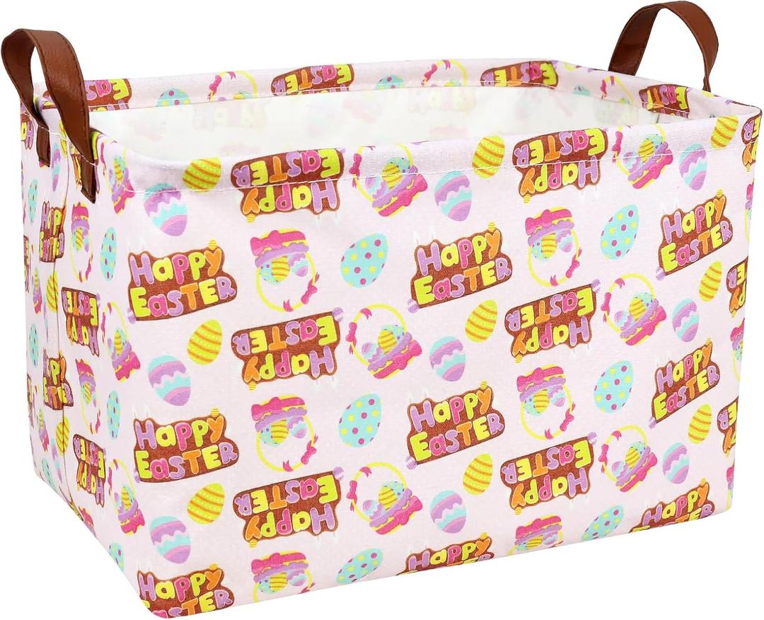 Large Empty Easter Basket for Kid Baby Rectangular Cute Easter Gift Bunny Eggs Dcor Storage Basket (Pink Happy Egg)