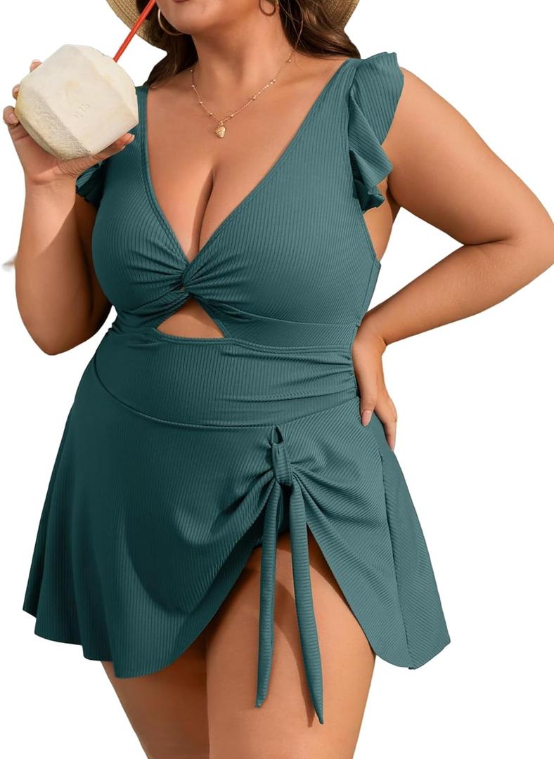 Charmo Ruffle Ribbed Plus Size Swimdress for Women One Piece Swimsuit High Waisted Tummy Control Bathing Suit 2025 (1X, Green)