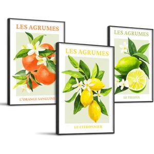 SERIMINO Fruit Botanical Wall Art for Kitchen, Lemon Prints Framed Canvas Wall Decor for Floral Dining Room Farmhouse, Watercolor Paintings Room Decor Aesthetic 3 Piece Set, 20"X28"