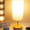UNIFUN Bedside Table Lamp for Bedroom - 4 Way Dimmable Touch Lamp with USB and Type-C Charge Port, Small Wood Base Round Flaxen Fabric Shade Lamp Living Room,Bedroom Use(Yellow Color Base)