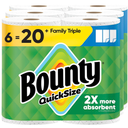 Bounty Paper Towels Quick Size, White, 6 Family Triple Rolls = 20+ Regular Rolls
