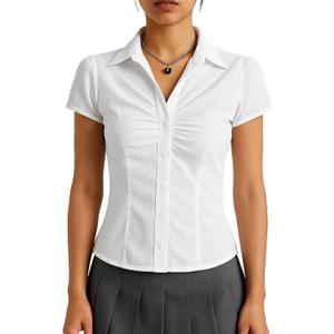 SUNNOW Women's Pleated Bust Button Down Shirt Tie Back Fitted Short Sleeve Blouse Casual Tops (White, M)