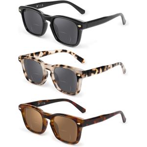 JM Bifocal Reading Glasses For Women Men, Classic Square Reading Sunglasses UV Protection (3 Packs Mix Color)
