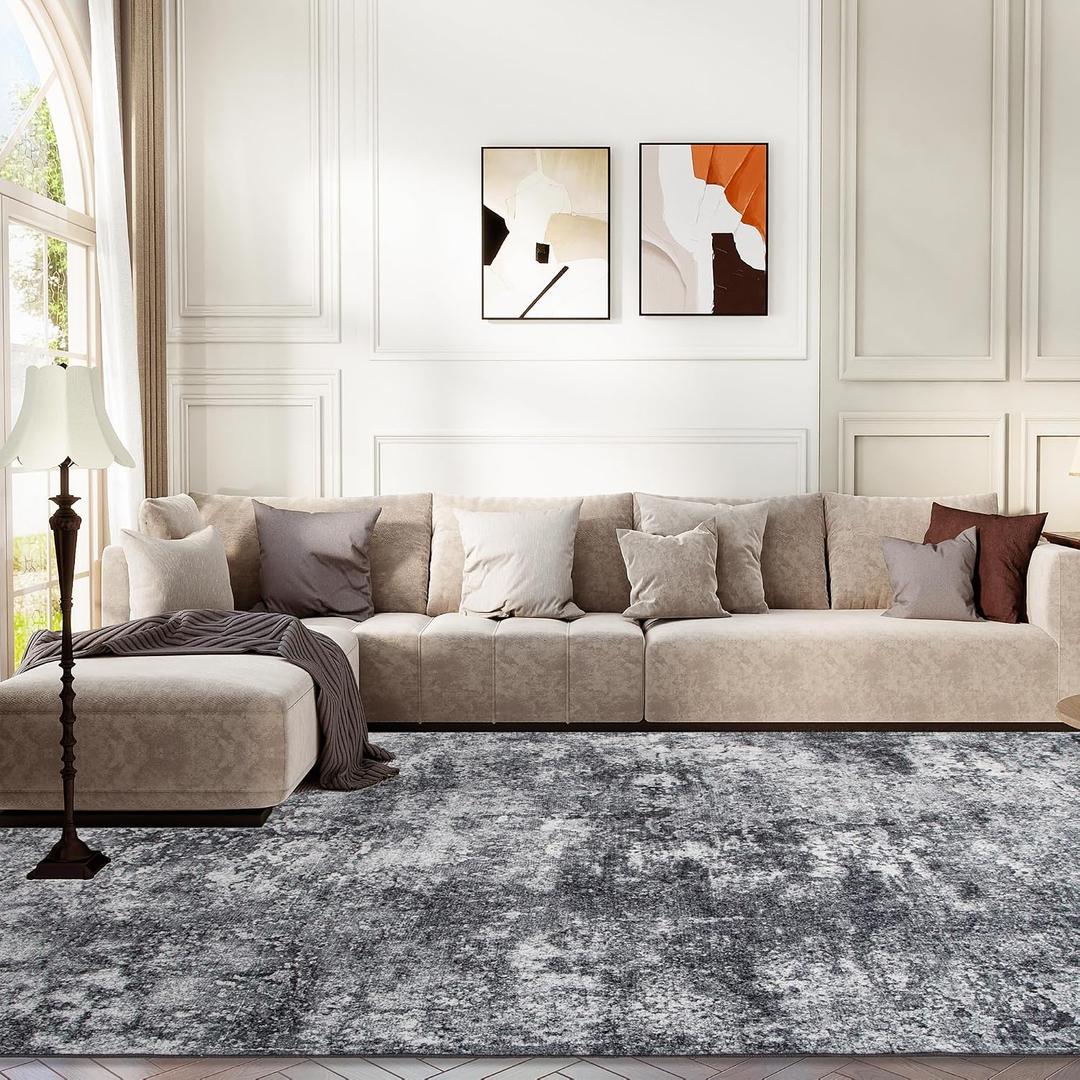6x9 Washable Area Rug for Living Room, Non-Slip Soft Modern Abstract Large Carpet, Low Pile Neutral Rugs for Bedroom, Dining Room, Home Office, Dorm, Indoor Decor, Black and Grey