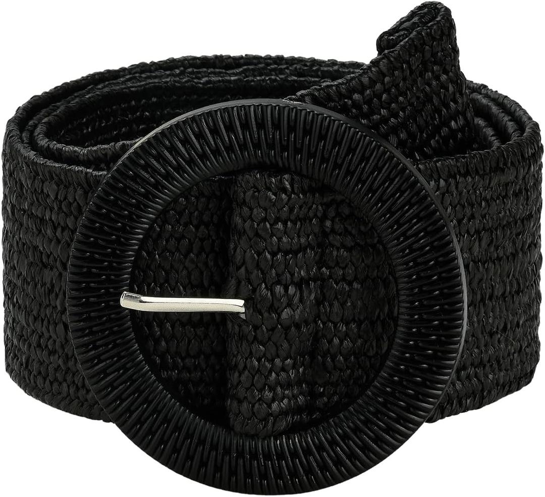 Verdusa Women's Western Belt Cowgirl Boho Straw Belts Round Buckle Elastic Waist Belt