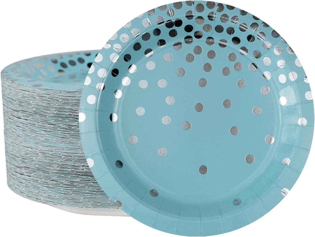 Ottin Blue and Silver Foil Dots Party Paper Plates 9'' Disposable Dinner Plates 120 counts for Birthday Party Wedding Decorations Bridal Shower Graduation Engagement