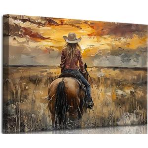 OCRXLYTH Western Cowgirl Riding Horse Canvas Wall Art Cowgirl Wall Decor Pictures Sunset Countryside Landscape Painting Print Vintage Artwork for Living room bedroom country decoration 12x16