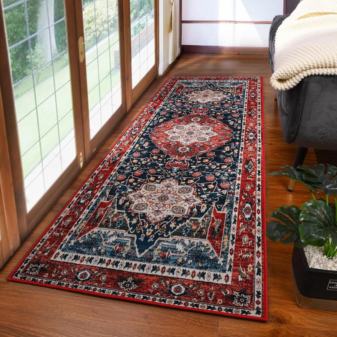 YJ.GWL Area Rug 2x6, Machine Washable Hallway Runner Rug, Boho Floral Vintage Distress Print Pattern Carpet, Low Pile Lightweight Thin Rugs for Entryway, Kitchen and Corridor, Red