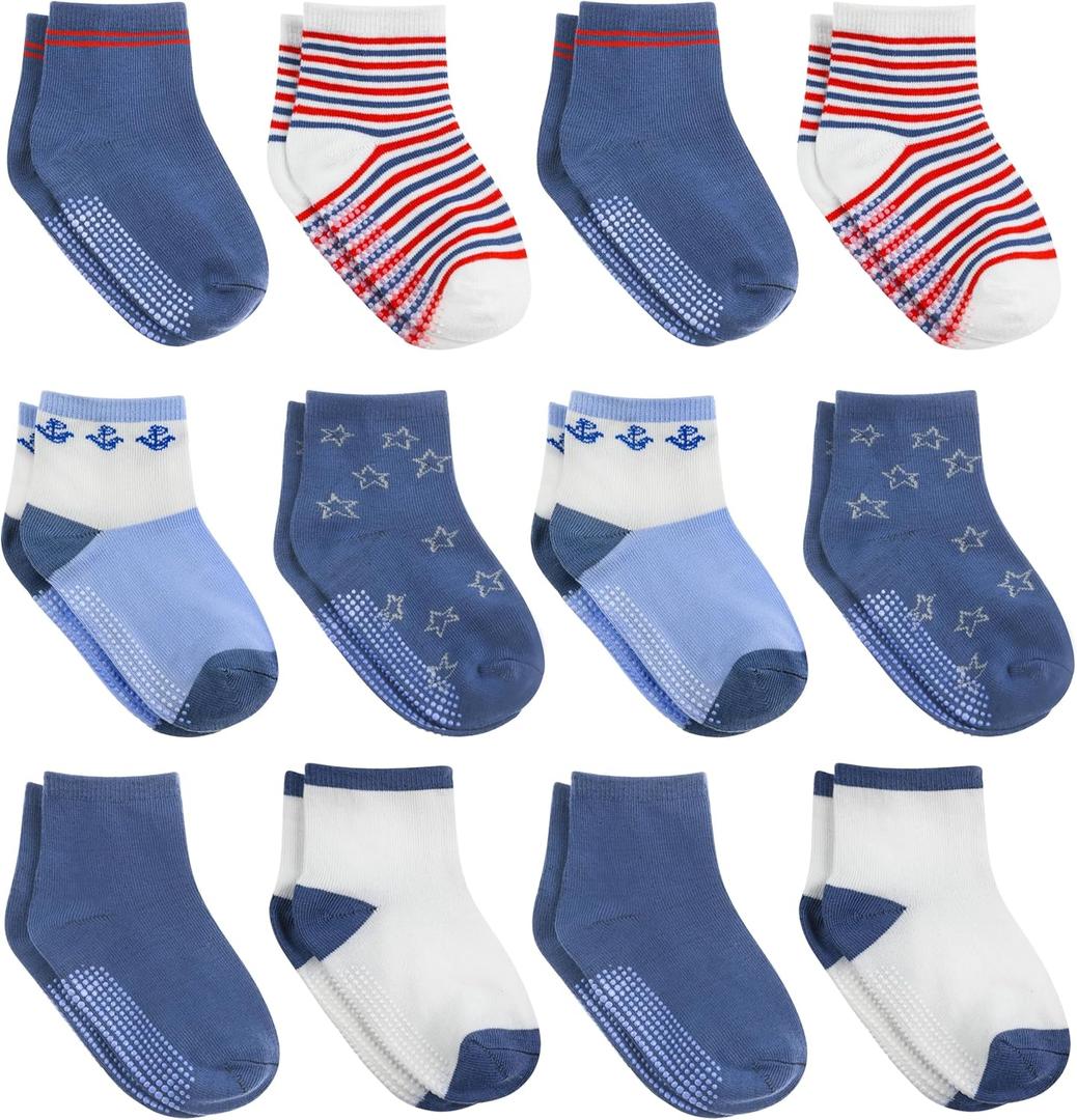 Debra Weitzner Toddler Socks With Grips - 12 Pairs Crew Cotton Grip Socks for Baby Boys Girls Infant's and Kids 6-12 Months 