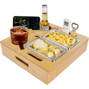 IKER Couch Cup Holder Tray, Wooden Couch Console Caddy, Snack Fruit Tray for Bed Sofa Car Organizer, Rotatable Phone Holder, Anti-Spill Sofa Cup Holder for Drinks, Snacks, Remotes