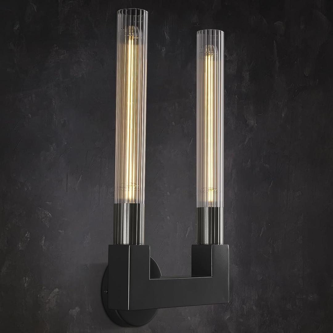 Modern Black Wall Sconce,19inch Striped Glass Tube Sconces Wall Lighting,Pure Copper Hardwired Wall Sconces, 2-Light with Bathroom Vanity Light Fixture for Bedroom,Living Room,Dining Room