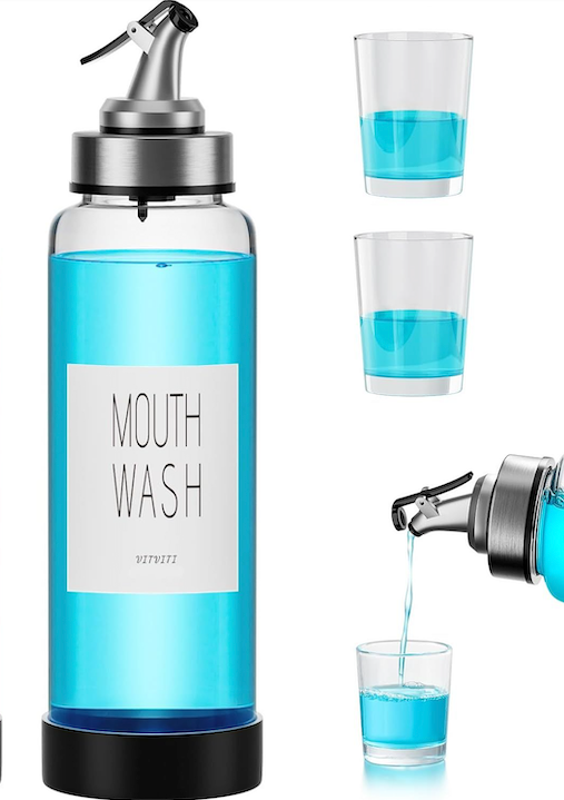 VITVITI Mouthwash Dispenser for Bathroom, Glass Mouth Wash Container with Glass Cup, Press Lid 17OZ Clear Refillable Mouthwash Bottle Decanter with Silicone Pad/Labels