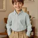 JOGAL Boys Long Sleeve Oxford Dress Shirts Casual Button Down Shirts Striped Tops for 6-14 Years (Green)