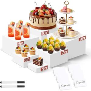 6 Pcs White Acrylic Buffet Risers with 6 Mini Sign , Food Display Risers for Party, Nesting Cube Boxes with Hollow Bottoms Set (10" 9" 8" 7" 6" 5" )
