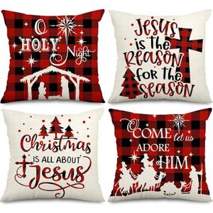AnyDesign Christmas Pillow Cover 18 x 18 Inch Red Black Buffalo Check Plaids Holy Night Throw Pillow Case Decorative Cushion Cover Case for Farmhouse Home Couch Sofa, Set of 4