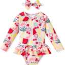HIHA Toddler Baby Girl One Piece Zip Up Long Sleeve Swimsuit Rashguard Set with Headband (18-24 Months, Fruits)