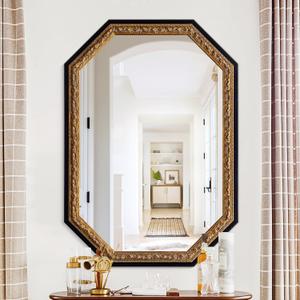 Gold Vintage Mirror, 40"x28" Black Gold Decorative Mirror with Octagon Gold Foil Carvings Wooden Frame for Luxe Living Room, Entryway, Bathroom and Bedroom