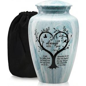 Handcrafted Urn for Human Ashes, Large Decorative Cremation Urns, Memorial Funeral Urn for Men & Women Adults with Trees and Hummingbirds Finish, Metal Alloy 10" H x 6" W (Aqua Blue)